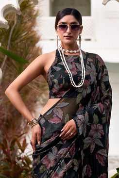 Admyrin Black Lurex Brasso Flower Pattern Designer Party Wear Saree with Blouse Piece