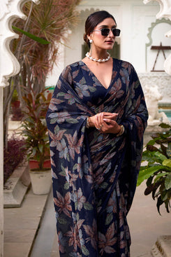 Admyrin Navy Blue Lurex Brasso Flower Pattern Designer Party Wear Saree with Blouse Piece
