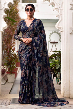 Admyrin Navy Blue Lurex Brasso Flower Pattern Designer Party Wear Saree with Blouse Piece