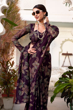 Admyrin Wine Lurex Brasso Flower Pattern Designer Party Wear Saree with Blouse Piece