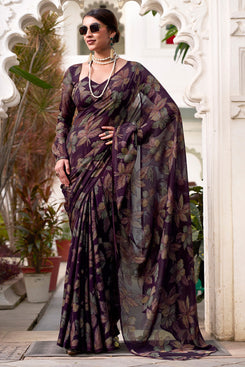 Admyrin Wine Lurex Brasso Flower Pattern Designer Party Wear Saree with Blouse Piece