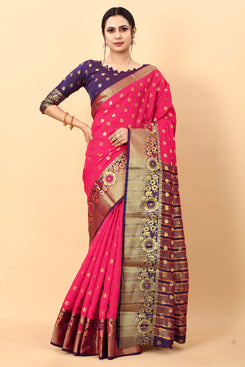 Admyrin Pink Soft Silk Rich Zari Woven Saree with Contrast Blouse Piece