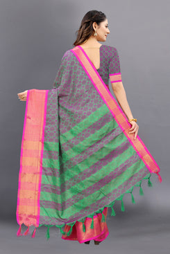 Admyrin Dark Green Soft Cotton Dobi Jacquard Silk Sraee Festival Wear Saree with Blouse Piece