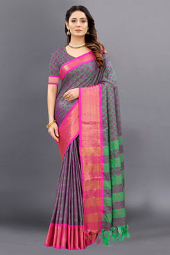 Admyrin Dark Green Soft Cotton Dobi Jacquard Silk Sraee Festival Wear Saree with Blouse Piece