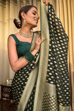 Admyrin Green Soft Silk Traditional Function Wear Banarasi Saree with Blouse Piece
