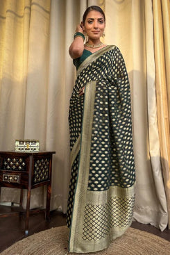 Admyrin Green Soft Silk Traditional Function Wear Banarasi Saree with Blouse Piece