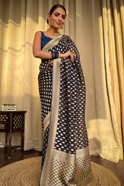 Admyrin Navy Blue Soft Silk Traditional Function Wear Banarasi Saree with Blouse Piece