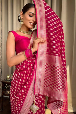 Admyrin Rani Pink Soft Silk Traditional Function Wear Banarasi Saree with Blouse Piece