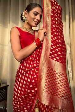 Admyrin Red Soft Silk Traditional Function Wear Banarasi Saree with Blouse Piece