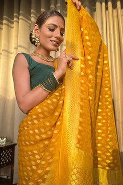 Admyrin Yellow Soft Silk Traditional Function Wear Banarasi Saree with Blouse Piece