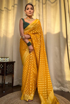 Admyrin Yellow Soft Silk Traditional Function Wear Banarasi Saree with Blouse Piece