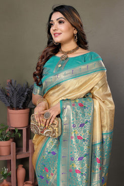 Admyrin Premium Pure Banarasi Tissue Silk Zari Woven Party Wear Saree with Blouse Piece