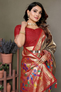 Admyrin Premium Pure Banarasi Tissue Silk Zari Woven Party Wear Saree with Blouse Piece