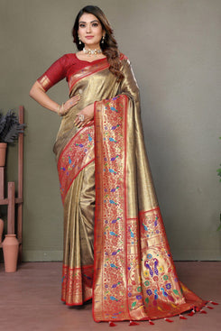 Admyrin Premium Pure Banarasi Tissue Silk Zari Woven Party Wear Saree with Blouse Piece