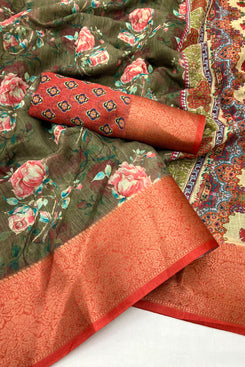 Admyrin Multi Colour Pure Linen Designer Party Wear Printed Saree with Blouse Piece