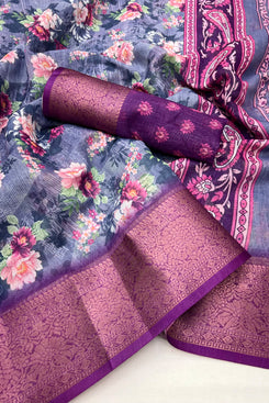 Admyrin Multi Colour Pure Linen Designer Party Wear Printed Saree with Blouse Piece