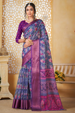 Admyrin Multi Colour Pure Linen Designer Party Wear Printed Saree with Blouse Piece