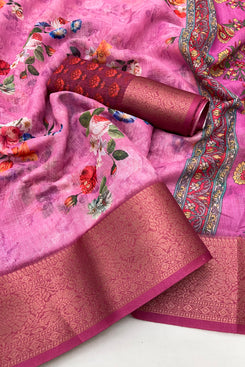 Admyrin Multi Colour Pure Linen Designer Party Wear Printed Saree with Blouse Piece