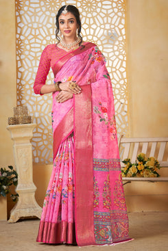 Admyrin Multi Colour Pure Linen Designer Party Wear Printed Saree with Blouse Piece