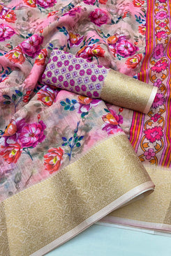 Admyrin Multi Colour Pure Linen Designer Party Wear Printed Saree with Blouse Piece