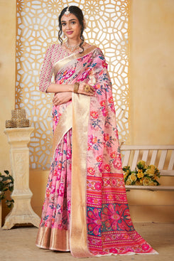 Admyrin Multi Colour Pure Linen Designer Party Wear Printed Saree with Blouse Piece