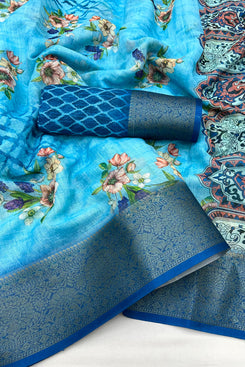 Admyrin Multi Colour Pure Linen Designer Party Wear Printed Saree with Blouse Piece