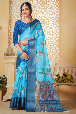 Admyrin Multi Colour Pure Linen Designer Party Wear Printed Saree with Blouse Piece