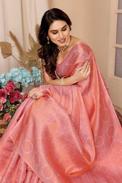 Admyrin Peach Pink Traditional Function Wear Soft Kanjiwaram Silk Saree