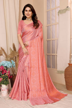 Admyrin Peach Pink Traditional Function Wear Soft Kanjiwaram Silk Saree