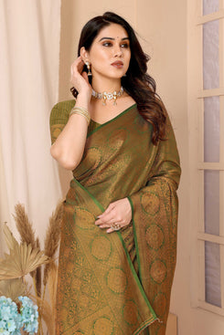 Admyrin Mehendi Green Traditional Function Wear Soft Kanjiwaram Silk Saree