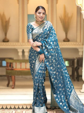 Admyrin Soft Silk Festival Wear Jacquard Work Banarasi Saree with Blouse Piece
