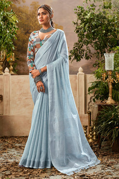 Admyrin Sky Blue Handloom Khadi Linen Digital Print Work Party Wear Saree with Blouse Piece