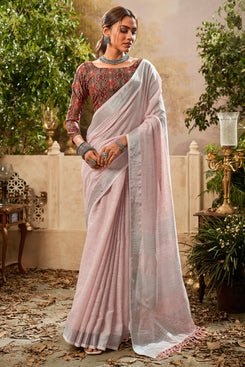 Admyrin Light Pink Handloom Khadi Linen Digital Print Work Party Wear Saree with Blouse Piece