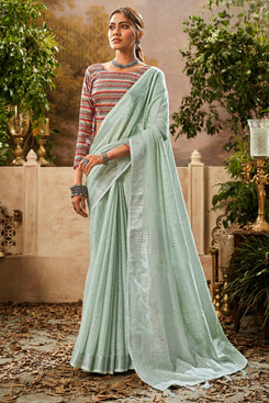 Admyrin Mint Handloom Khadi Linen Digital Print Work Party Wear Saree with Blouse Piece