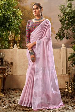 Admyrin Pink Handloom Khadi Linen Digital Print Work Party Wear Saree with Blouse Piece