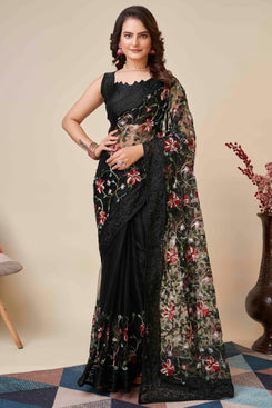 Admyrin Black Soft Net Chikankari Embroidered Function Wear Saree with Blouse Piece