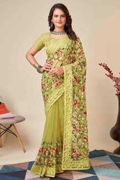 Admyrin Yellow Soft Net Chikankari Embroidered Function Wear Saree with Blouse Piece