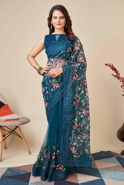 Admyrin Teal Soft Net Chikankari Embroidered Function Wear Saree with Blouse Piece