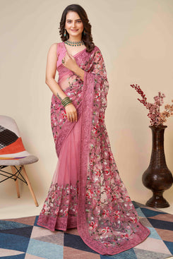 Admyrin Pink Soft Net Chikankari Embroidered Function Wear Saree with Blouse Piece