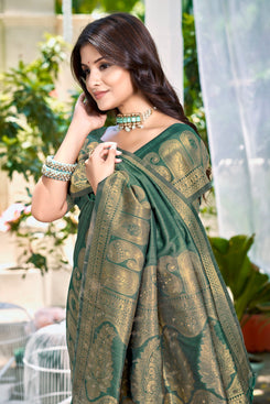 Admyrin Dark Green Assam Silk Function Wear Woven Saree with Blouse Piece