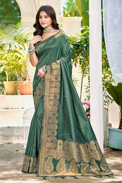 Admyrin Dark Green Assam Silk Function Wear Woven Saree with Blouse Piece