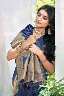 Admyrin Navy Blue Assam Silk Function Wear Woven Saree with Blouse Piece