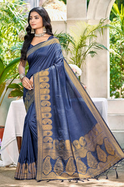Admyrin Navy Blue Assam Silk Function Wear Woven Saree with Blouse Piece