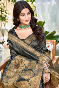 Admyrin Grey Assam Silk Function Wear Woven Saree with Blouse Piece