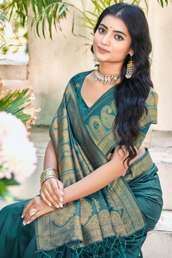 Admyrin Turquoise Assam Silk Function Wear Woven Saree with Blouse Piece