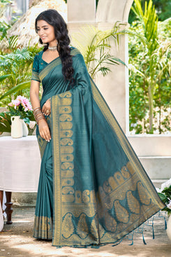 Admyrin Turquoise Assam Silk Function Wear Woven Saree with Blouse Piece