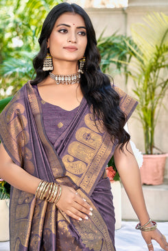 Admyrin Purple Assam Silk Function Wear Woven Saree with Blouse Piece