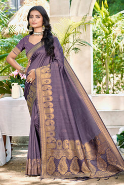 Admyrin Purple Assam Silk Function Wear Woven Saree with Blouse Piece