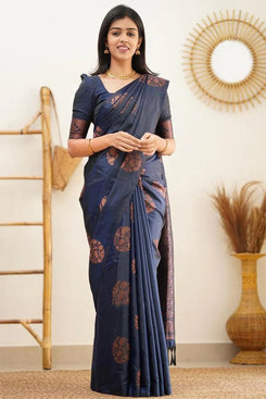 Admyrin Navy Blue Art Silk Traditional Functions Wear Banarasi Saree with Blouse Piece