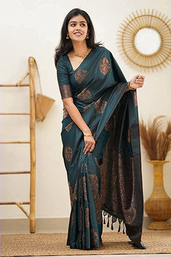 Admyrin Teal Green Art Silk Traditional Functions Wear Banarasi Saree with Blouse Piece